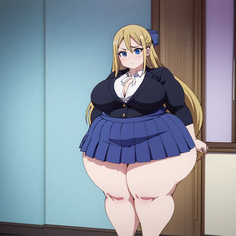 1girl, top-heavy figure, ((((incredibly big chest)))), ((((big tits)))), (((saggy chest))), pout, embarassed, shortstack, short woman, small height, mature, standing, full body, obese, fatty, out of shape, bbw, ssbbw, Hyasaka Ai, blonde hair, blue eyes, very long hair, pleated skirt, white shirt, blue skirt