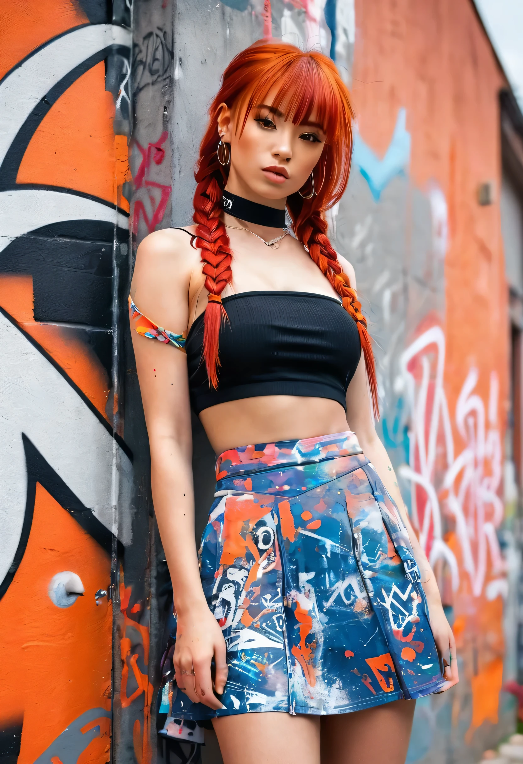 masterpiece, best quality, 1girl, solo, stylish crop top, vibrant red hair, elegant braid, soft bangs, alluring choker, (graffiti:1.5), artistic paint splatter, seductive arms behind back, leaning against wall, looking at viewer, fashionable armband, urban hiphop style, flirty skirt, playful head tilt, intense expression, warm orange, dynamic asymmetrical design, bold geometric shapes, creative street art