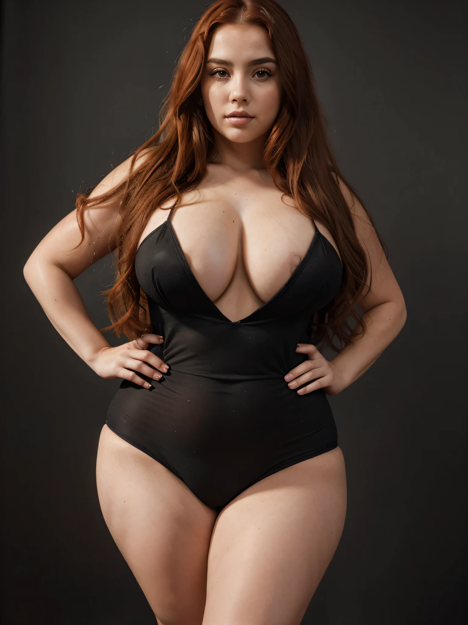 young girl of 25 years with long red hair with waves,con curvas notables, pecho grande, ojos marrones oscuros y labios gruesos, Her expression is sensual. curvy urban instagram model, cuerpo curvilinea, vestida con un traje transparente de color rojo brillante y con escote pronunciando, las manos pegadas a los pechos, plano de la foto primer plano medio americano,black color photo studio shoot background, foto de revista hiper realista.con detalle