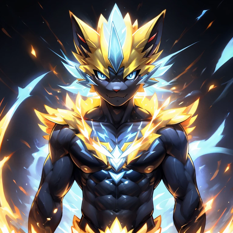 portrait of zeraora, pokemon, full portrait of electromancer, powering up aura, blue fire powers, glowing in power,abs