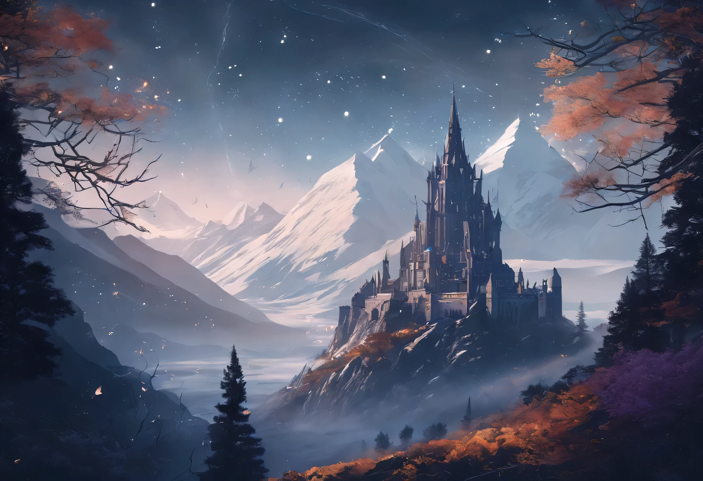 Vast Landscape Photo atumn (view from bottom, which shows the sky overhead and the rocks), Fortress at the top, (Shooting stars: 0,9), (nebula: 1,3), High Lonely Mountain warm lights in castle,(Cold light source:1.2),  Mountain, Snow-capped mountains, voluminous lighting, реализм BREAK (tmasterpiece:1.2), (beste-Qualit), 4k, Ultra-detailed, (Dynamic composition: 1.4), Detailed, colorful details, (White color scheme: 1.2), (Glowing Lighting, Ambiance Lighting), dreamy, elvish, (solo: 1.2)