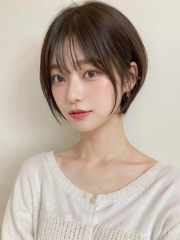 (highest quality、8K、32k、masterpiece、nffsw:1.2)、Photo of beautiful Japan woman in her 30s、very short hair、short hair、shortcut、Upper body、necklace、shot from above、don't look at the camera、(realistic、Photoreal:1.37)、1 girl、Photographed in natural light、Physically based rendering、excellent image quality、High resolution、1080p、(Detailed facial description)、(Detailed explanation of hands)、(Detailed CG)、Rich details、(exquisite features)、(best image quality)、(masterpiece)、(fine eyes)、delicate clavicle、Various poses、profile、white wall、Taken in front of the white door、(窓のあるwhite wallの部屋)、earrings、laughter、spring clothes、((long sleeve dress))