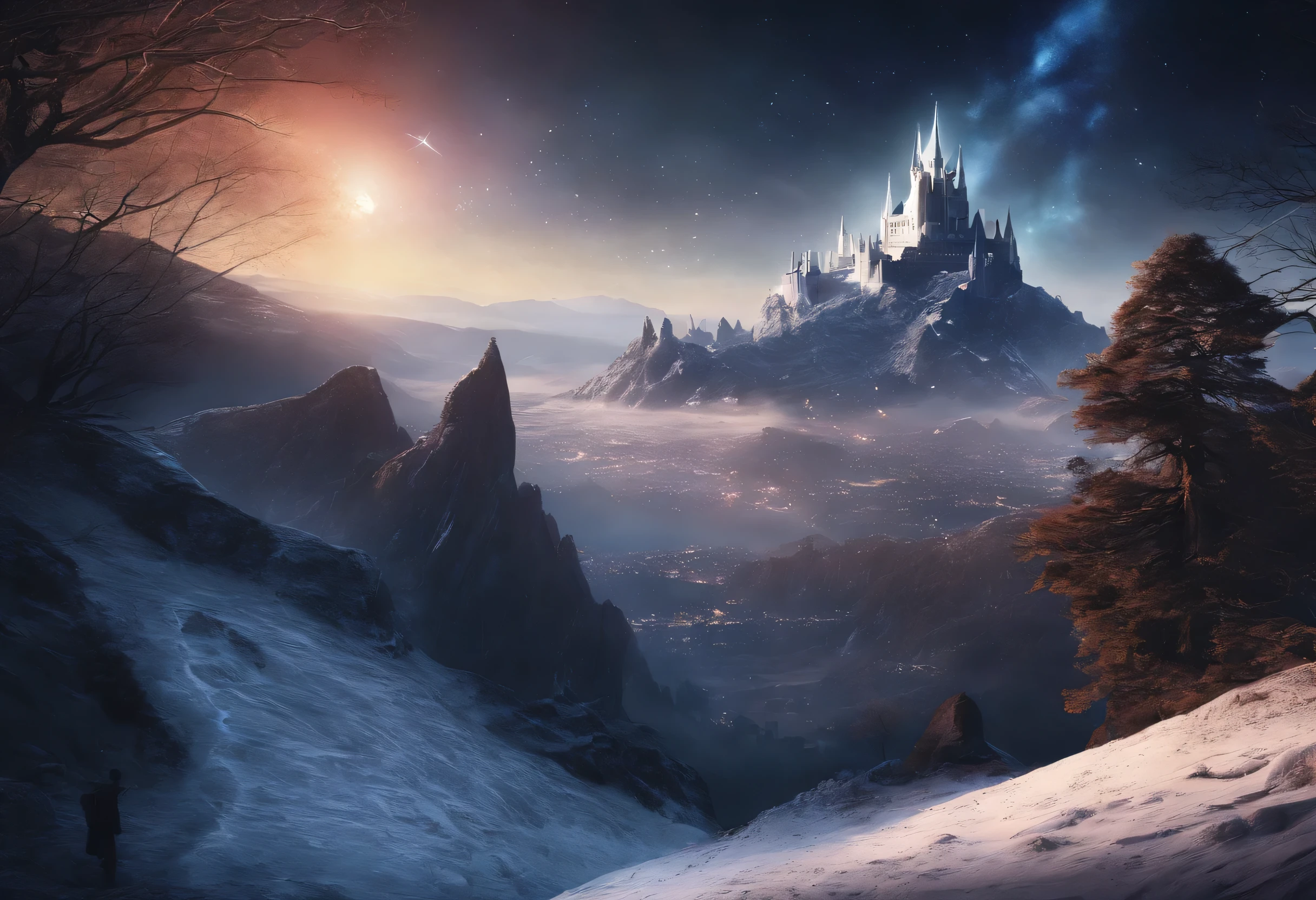 Vast Landscape Photo atumn (view from bottom, which shows the sky overhead and the rocks), Fortress at the top, (Shooting stars: 0,9), (nebula: 1,3), High Lonely Mountain warm lights in castle,(Cold light source:1.2), Mountain, Snow-capped mountains, voluminous lighting, реализм BREAK (tmasterpiece:1.2), (beste-Qualit), 4k, Ultra-detailed, (Dynamic composition: 1.4), Detailed, colorful details, (White color scheme: 1.2), (Glowing Lighting, Ambiance Lighting), dreamy, elvish, (solo: 1.2)