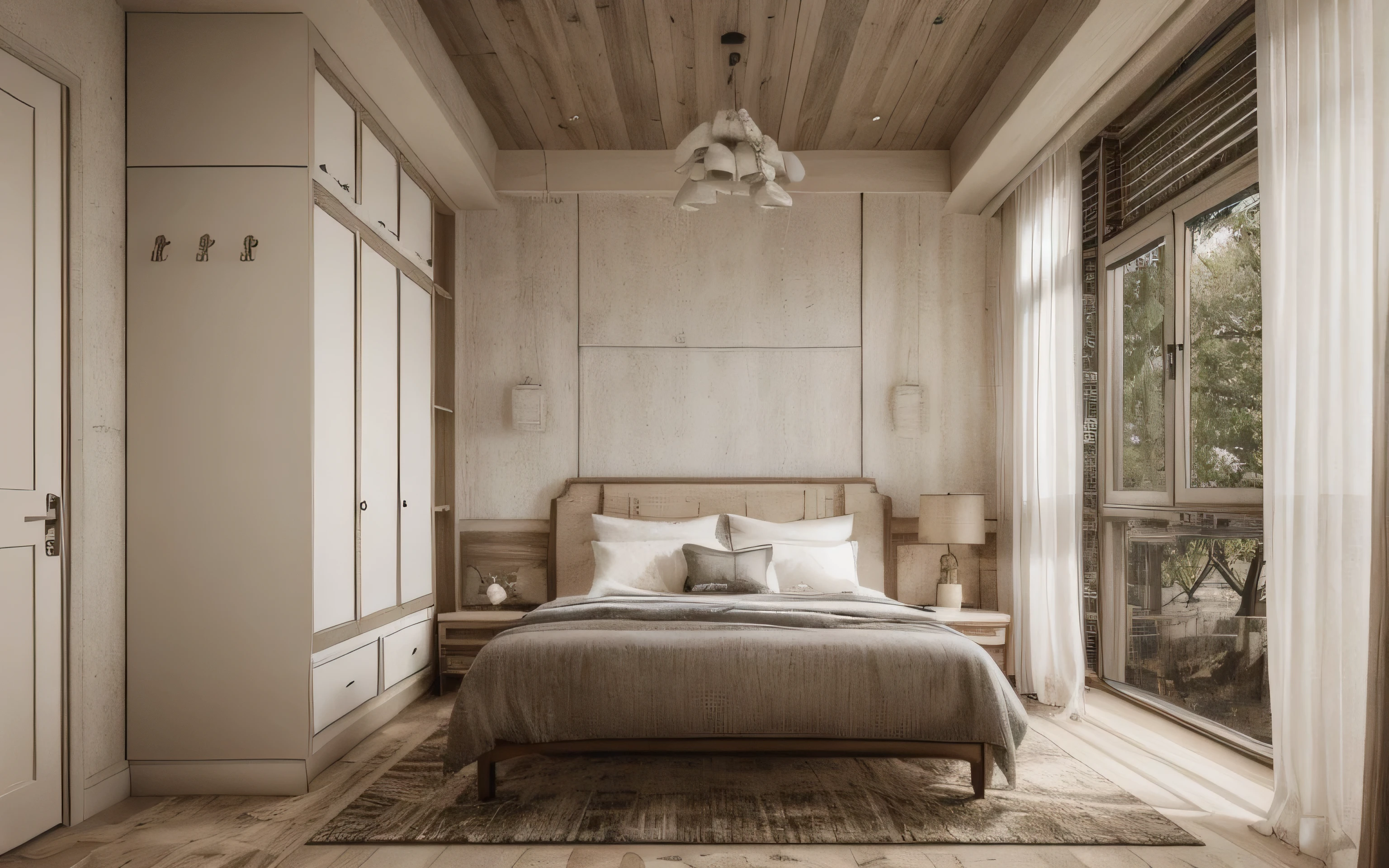 wabi-sabi bedroom interior, wabi-sabi interior style, design tends to be minimalist, calming and natural atmosphere, ((gray and white color scheme)), ((rough-hewn wood)), handmade textiles,natural fabrics, tab, lamp, rug, wood floor, drapes,glass window, door, (rough-hewn ceiling), (rough-hewn wall), wardrobe, rough-hewn wood cabinet, picture frames, antique furniture and decor items, cinematic