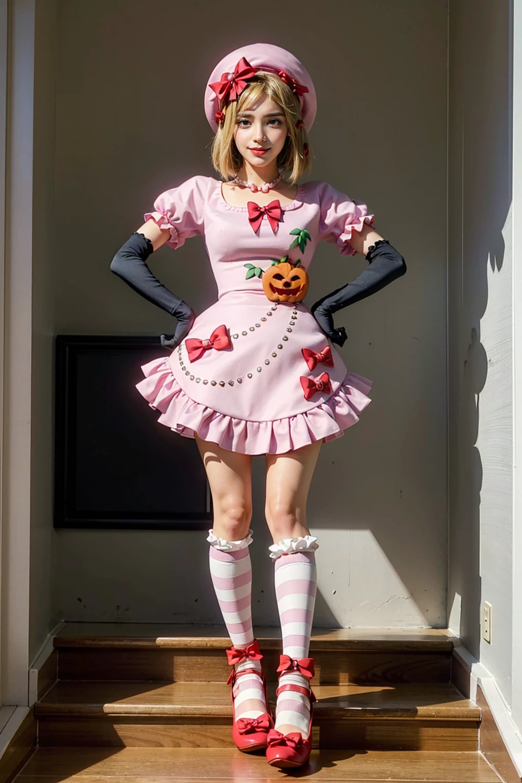 (masterpiece),(best quality), 16k CGI render ((photography)), photorealistic, lambdadelta, dress, shoes bow, red shoes, striped stockings, red bow, pink hat, pumpkin brooch, necklace, gloves, pearl, walking, smile, stairs, temple, mountain, forest, looking at the viewer, close up, pretty face, gorgeous, nice legs,