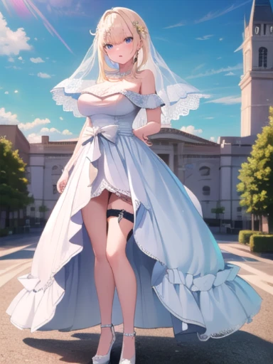 (masterpiece:1.3),((High resolution)),((high quality)),((Super detailed))、1 girl、perfect balance、perfect face、detailed face、cute face、beautiful詳細な目、Expressive eyes、cute eyes、shiny eyes、perfect body、beautiful体、(((Wedding dress)))、off shoulder、marriage、church、marriage式、bride、smile、Emma Aizawa、long hair、colorful hair、hair ornament,(big breasts)、(head shot)、embarrassing、blush、beautiful女の子、cute face、beautiful顔、cute face、beautiful、best quality、good anatomy、ornaments ,short hair、colorful hair、hair ornament、thigh strap、smile、closed mouth、blush、Are standing、From above、(NSFW:1.3), ((full body)),((Super detailedな背景)), mistress pose, ((8k wallpaper)) , smile, blush, outdoor, Day, blue sky, empty, looking at the viewer, moody lighting, face-to-face audience