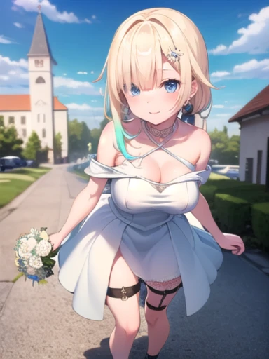 (masterpiece:1.3),((High resolution)),((high quality)),((Super detailed))、1 girl、perfect balance、perfect face、detailed face、cute face、beautiful詳細な目、Expressive eyes、cute eyes、shiny eyes、perfect body、beautiful体、(((Wedding dress)))、off shoulder、marriage、church、marriage式、bride、smile、Emma Aizawa、long hair、colorful hair、hair ornament,(big breasts)、(head shot)、embarrassing、blush、beautiful女の子、cute face、beautiful顔、cute face、beautiful、best quality、good anatomy、ornaments　,short hair、colorful hair、hair ornament、thigh strap、smile、closed mouth、blush、Are standing、From above、(NSFW:1.3), ((full body)),((Super detailedな背景)), mistress pose, ((8k wallpaper)) , smile, blush, outdoor, Day, blue sky, empty, looking at the viewer, moody lighting, face-to-face audience