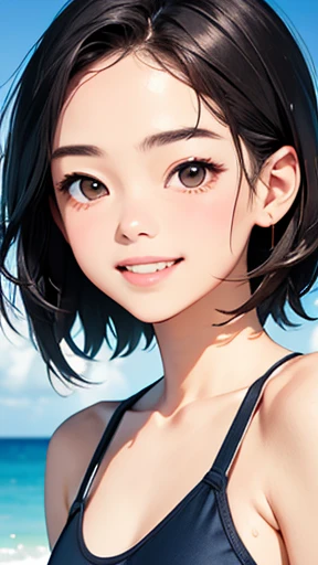 highest quality、realistic、Japanese、girl、、zoom、look up、cute、Turquoise eyes、very short hair、boyish、chestnut hair、all back、The forehead is out、Ocean、swimsuit、A big smile、close up face、slender、small breasts、peace sign