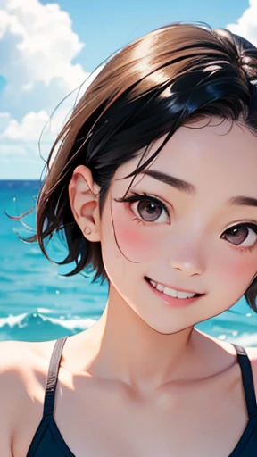 highest quality、realistic、Japanese、girl、zoom、look up、cute、brown eyes、very short hair、boyish、black hair、all back、Forehead is coming out、Ocean、light blue swimsuit、joy、Grinning、face close up