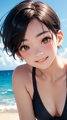 highest quality、realistic、Japanese、girl、zoom、look up、cute、brown eyes、very short hair、boyish、black hair、all back、Forehead is coming out、Ocean、light blue swimsuit、joy、Grinning、face close up