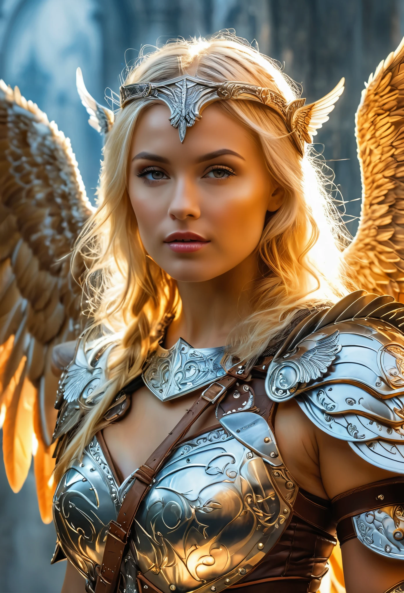 blond sexy woman in viking armor teasing with wings, as a mystical valkyrie, wings, karol bak uhd, detailed wings, archangel, epic angel wings, portrait of a beautiful sexy angel, angel knight girl, beautiful female angel, with fiery wings, goddess athena, hot