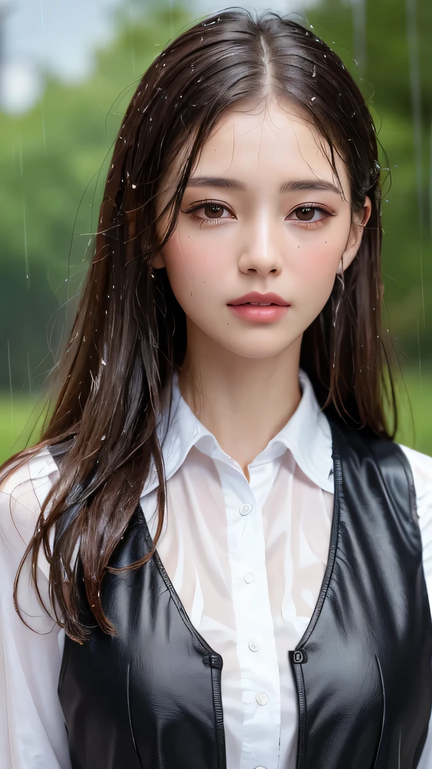 (best quality, 4K, masterpiece :1.3), pretty Woman, 1 girl, Sexy :1.1, Dark brown hair: 1.1, (wet from rain, get wet by rain, wet :1.2), white vest, Super detailed face, delicate lips, delicate eyes, double eyelids