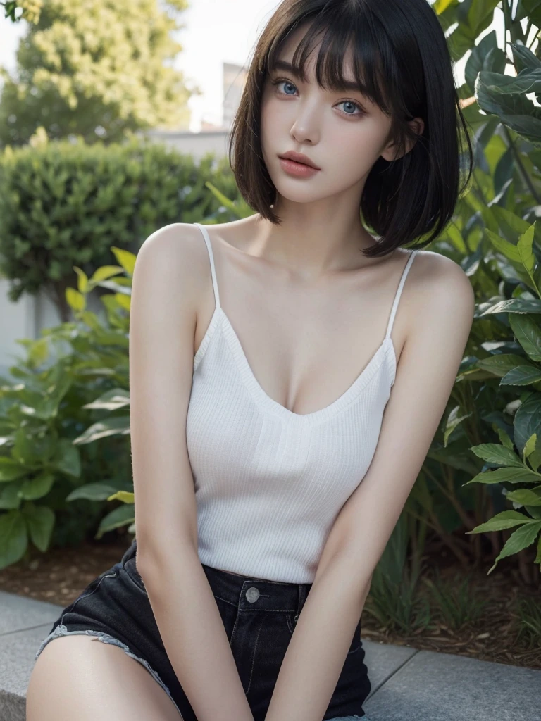 ( masterpiece, top quality, best quality,8k,17 years old girl,ultra detailed,raw photo:1.5),(photorealistic:1.4), (short straight hair,bangs, black hair:1.5), (cinematic lighting), PerfectNwsjMajic, , Surrealism, UHD, ccurate, Super detail, textured skin, High detail, Best quality, dynamic angle, (high nose,White skin),[Beautiful blue eyes],[flat chest:large breasts:0.5],(1girl),(good anatomy:0.5)),(outside)