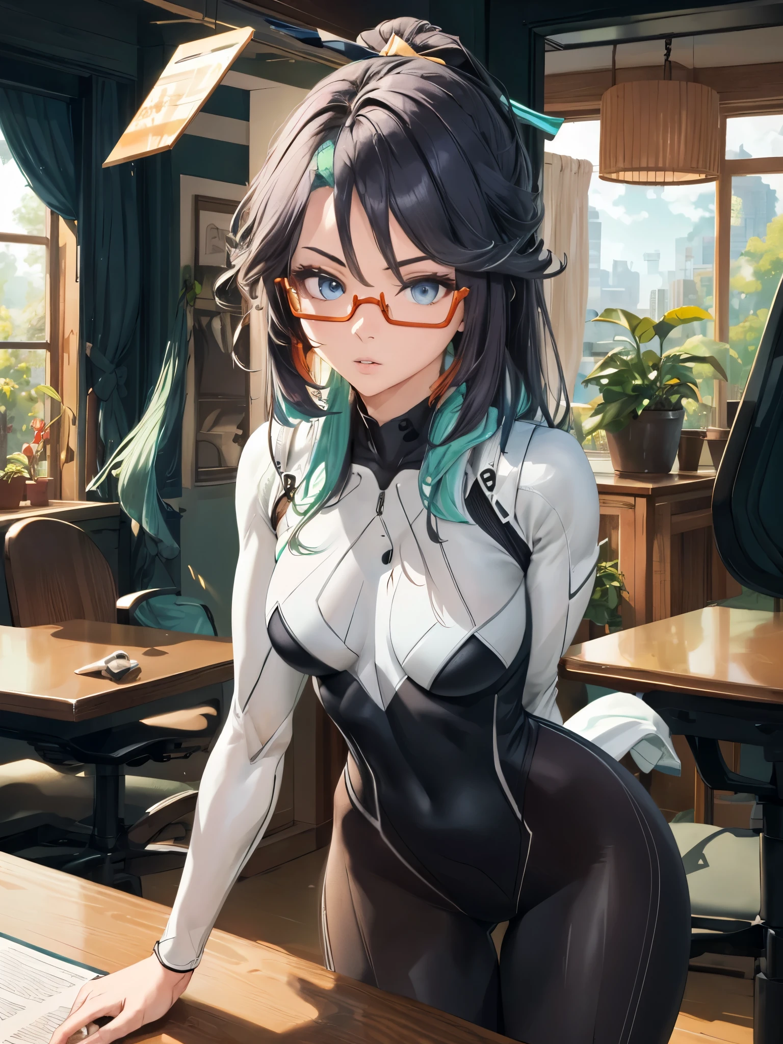 (masterpiece, best quality), 1girl, xianyun, glasses,ponytail, red-framed eyewear, under-rim eyewear,ponytail,
BREAK ((bodysuit:1.5), skin tight, superhero:1.2), BREAK ((arms behind back:1.5)),
BREAK ((top quality, 8k, masterpiece: 1.3, ultra hd, high quality, best quality, high definition, realism)), sharp focus: 1.5, Beautiful woman with Slim body, (perfect hands, perfect anatomy),