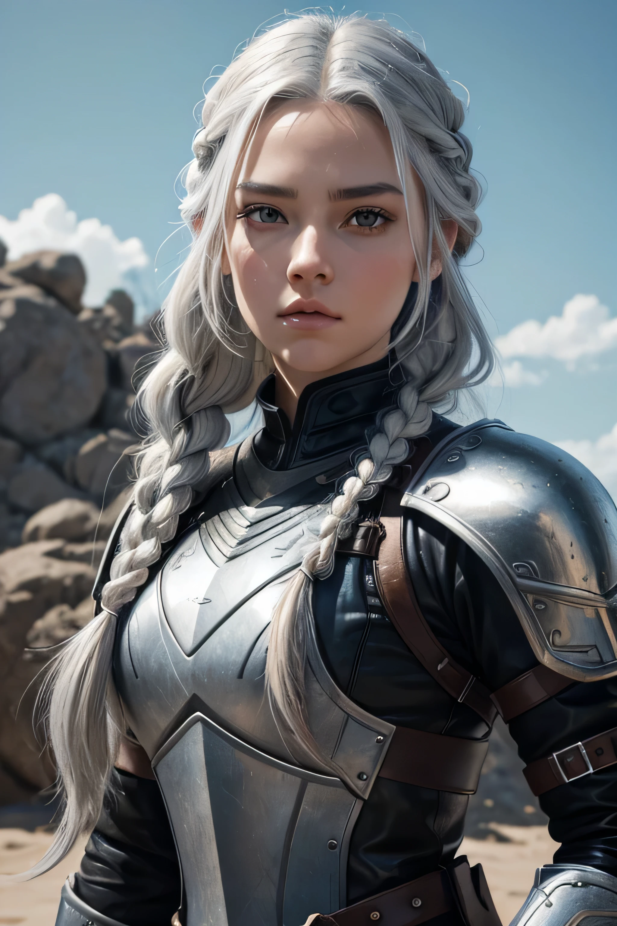 1 female ranger, long white hair, braided hair, grey eyes, eyes have the same color, average face, wearing leather armor, absurdres, high res, ultrasharp, 8K, masterpieceThe image should be of absurd resolution and high detail. It should be ultra-sharp and available in 8K resolution, representing a masterpiece in image quality.