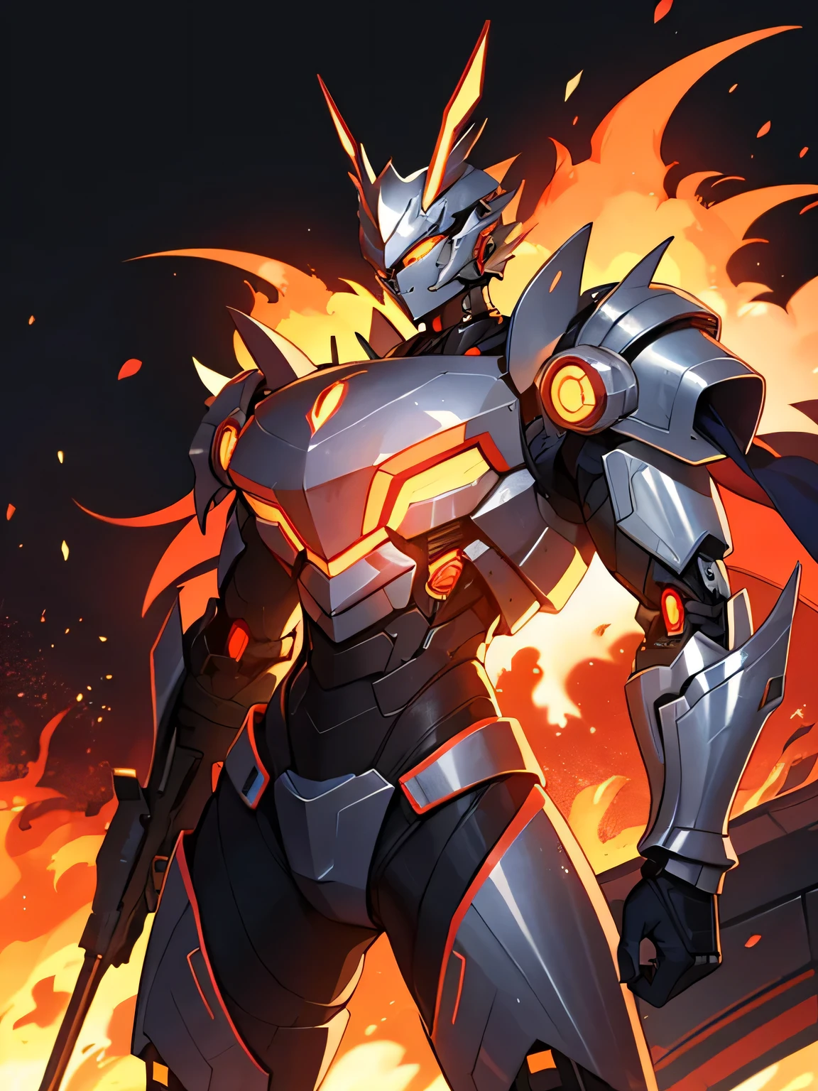 fiery explosion background, bulky silver cyborg armor, headpiece, red futuristic glow 