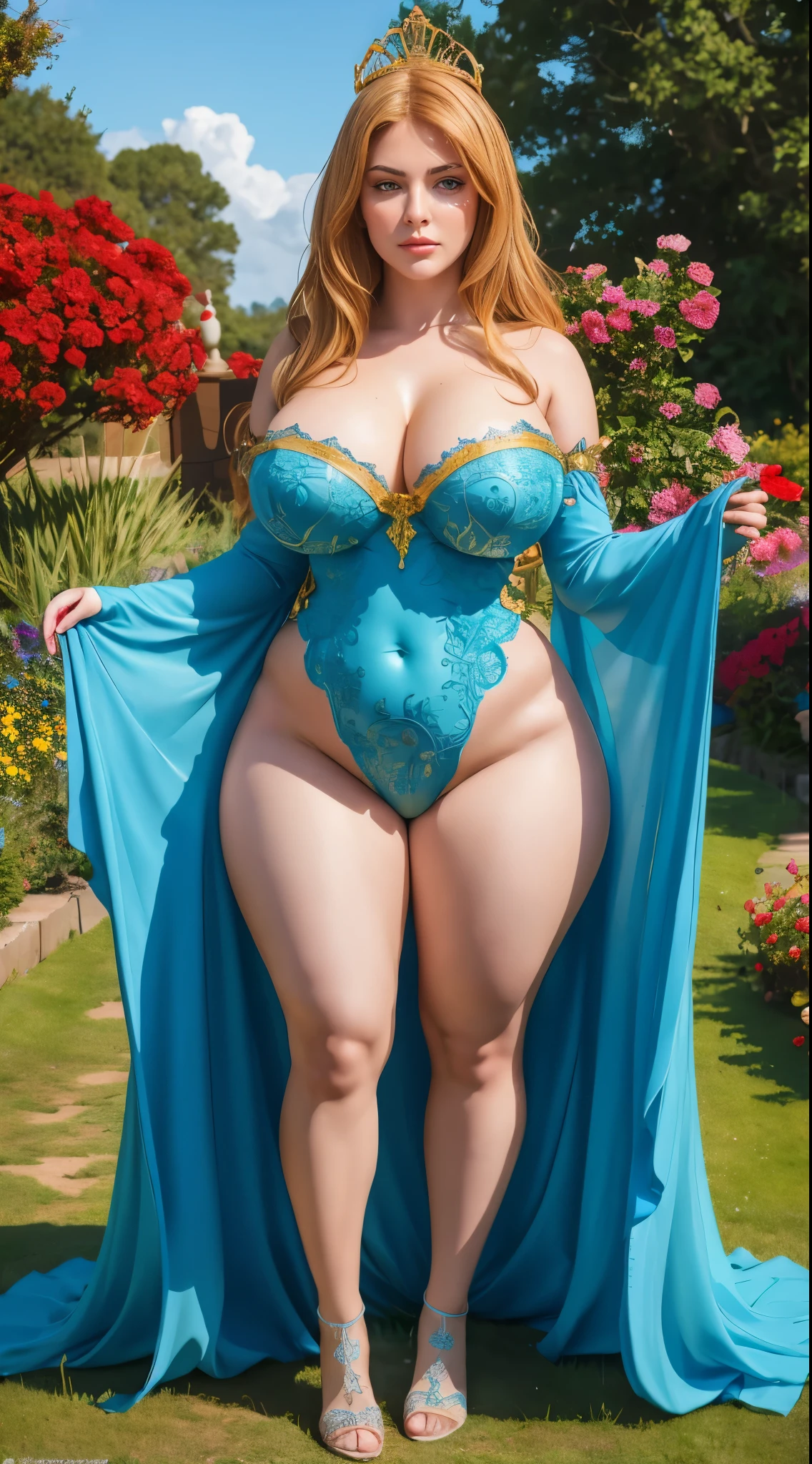 (m1n1jello:0.6), wide hips, curvy, pawg, large breasts, thick thighs, standing, close shoot, from below, in a garden, slim, slender, (masterpiece), (best quality:1.2), absurdres, intricate details, (highly detailed skin:1.2),, photorealistic, beautiful women, best quality, (masterpiece:1.3), closed mouth,(highly detailed face:1.3), perfect face, full lips, full body view, queen costum, on castile 
Base Negative 2.0,,jewelry