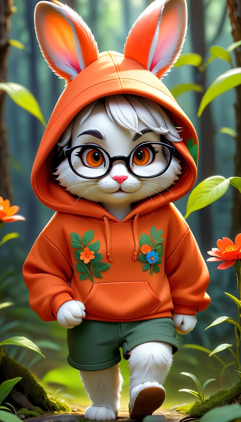 Cute rabbit，hairy，Wearing an orange hoodie,Wearing cute glasses。It is female，Because there is a bright red flower on its head.。Stroll through the forest where various animals live.,, Disney and Pixar style paintings, cute numbers, comic characters, 3D rendering, bright lights, bright colors,High level of image quality、for a great job