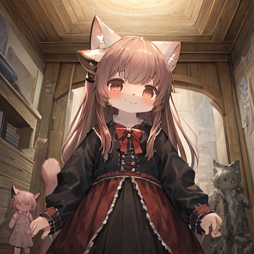 highest quality, highest quality, High quality illustrations, masterpiece, ultra high resolution, detailed background, doll, disorganized(Highly detailed beautiful face and eyes)perfect anatomy, kemono, furry person、dynamic angle,かわいいgirl、Cat ear、cat tail、girl、evildoer,、girl、young girl、smile、Chimera、