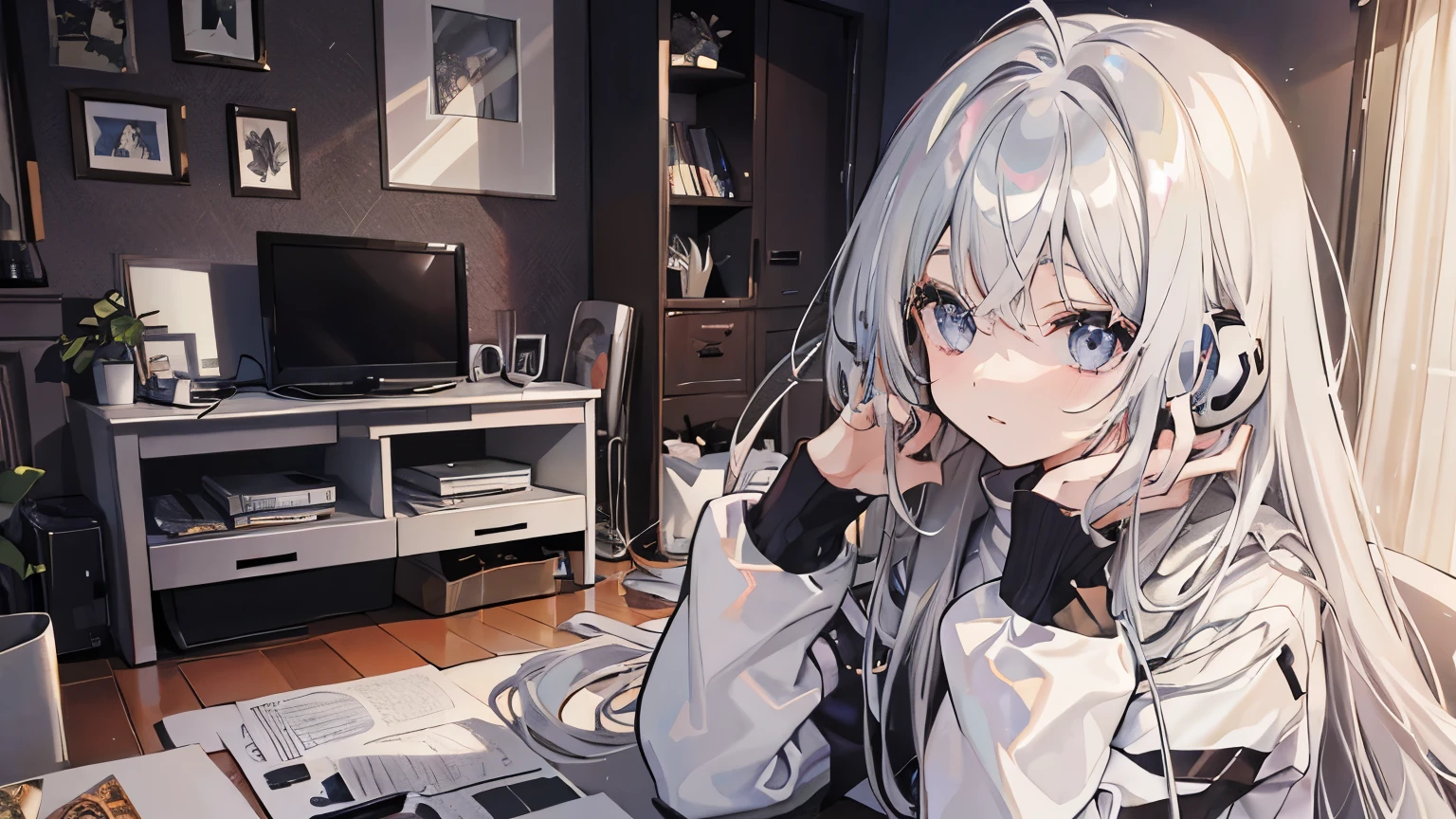 pretty girl, silver hair, long hair, messy hair, shiny hair, I&#39;m listening to music at home,