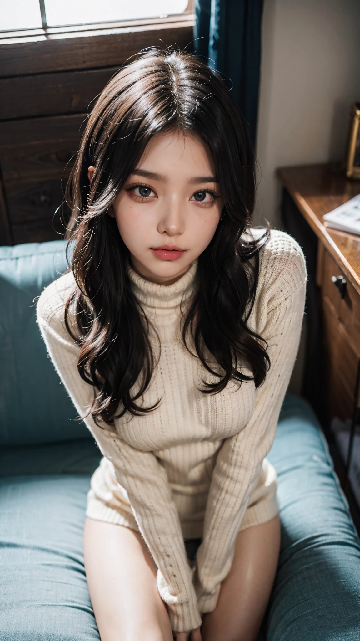 Masterpiece: 1.25, Best quality, High resolution:1.35, RAW photo:1.2, Photorealistic:1.37, Hyper-realistic, 16K, ((1girl)), Cute face, Long eyelashes, detailed eyelashes, eye shadows, glowing eyes, realistic eyes, Natural makeup, Clear facial features, Curvy build, Skinny, Slender body, Fine detailed beautiful eyes: 1.2, Happy Expression, Ulzzang, Erotic thighs, Lustrous skin, Photon maping, Cinematic lighting, Cowboy shot, Angle from above, (Backless knitted turtle neck sweater), Side breast, Small perky breast, Sitting pose on couch