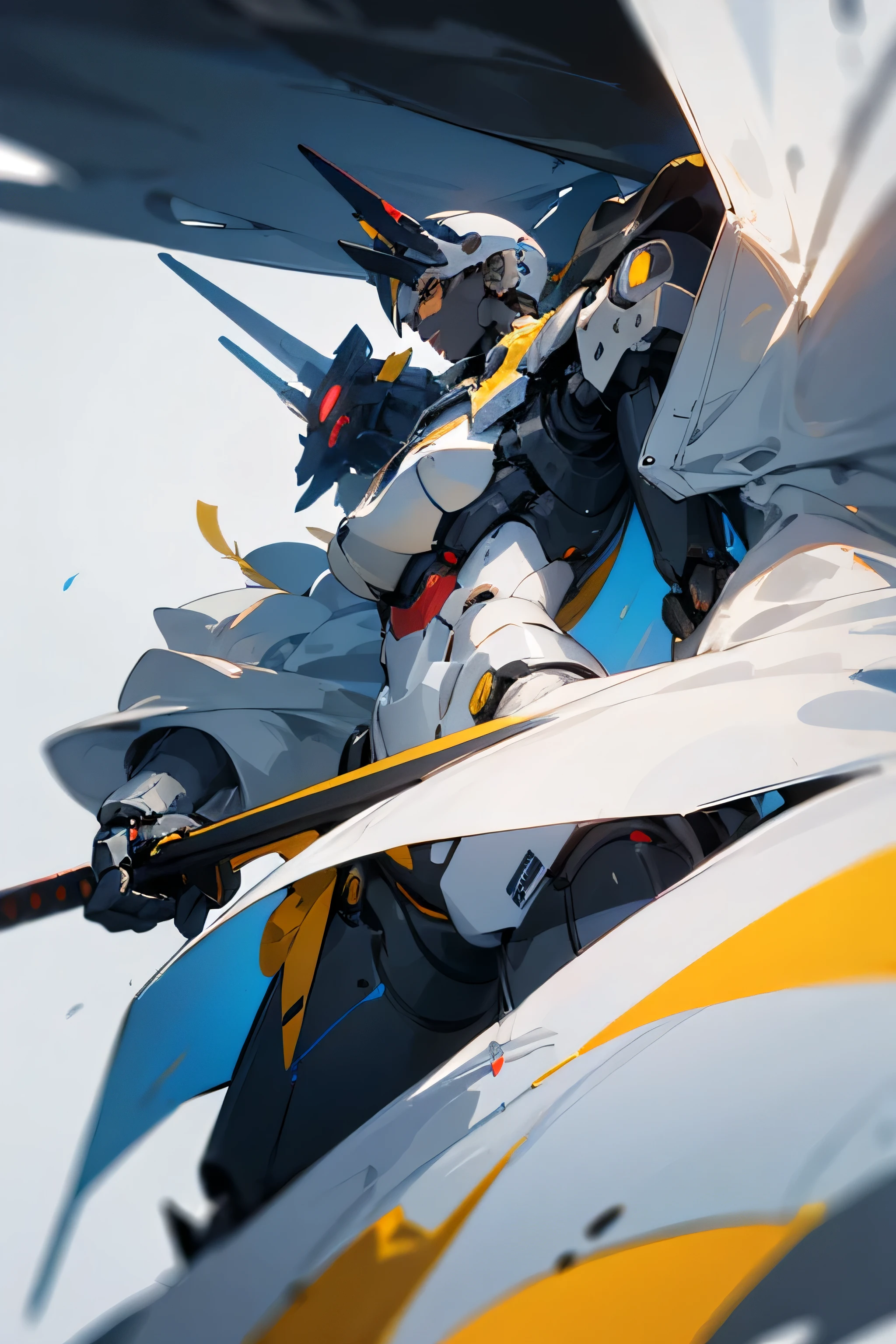 Create an original style robot design, with a white cape, holding a sword.
he is a white and Black mech with details in yellow.