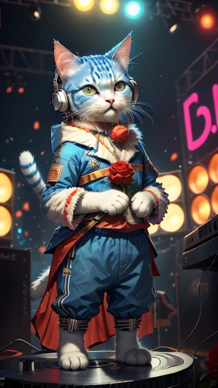 c4 attitude, blue, Standing on a DJ stage with a stage in performance costume. A cat-like man with a rose in his mouth，wearing headphones, His right paw spins the record，Left paw on the earphones. Background filled with vibrant lights.