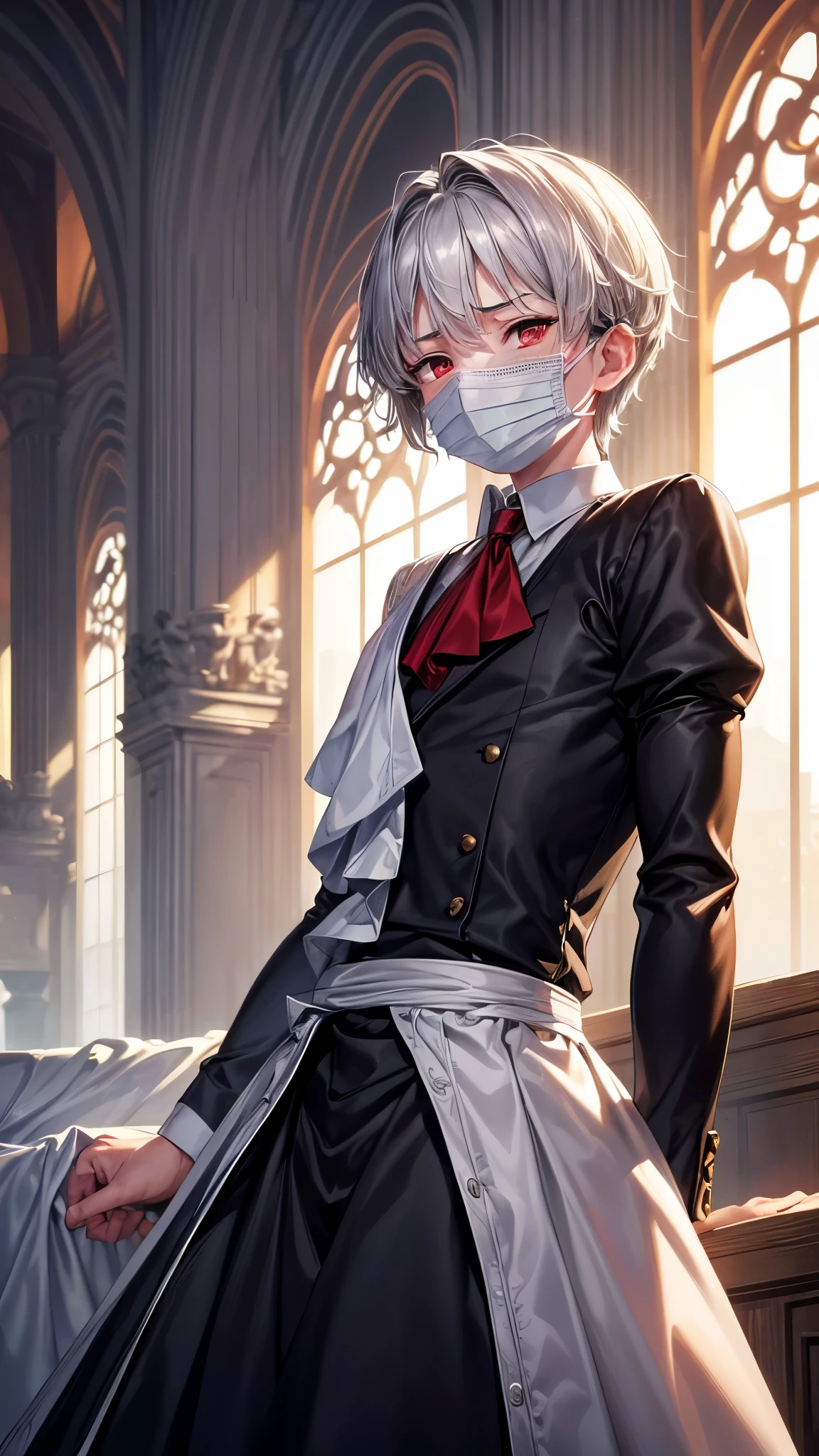 perfect anatomy, masterpiece:1.4, best quality, 8k, beautiful detailed grow, daydreaming expression, (mouth mask) (solo silver hair short hair boy, 16 yo, tired:1.2 face, rired red eyes, Sweaty skin), in a butler uniform, break, (Tired posture, sneeze), in the enchanted castle.