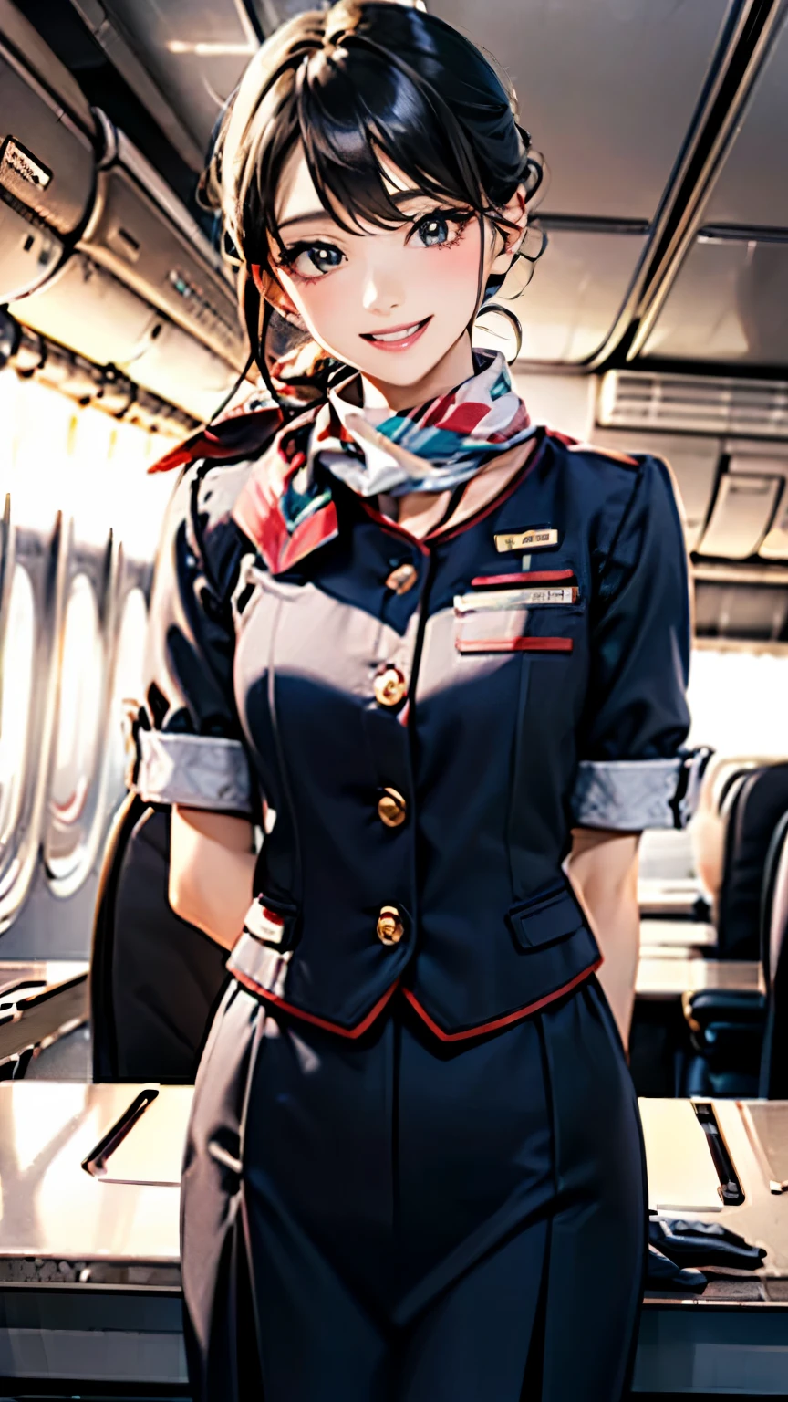 A breathtaking masterpiece、Filmed in stunning 8K resolution、This portrait is exquisitely painted..、that&#39;genuine.。The scene is bathed in HDR light....、that depicts a beautiful woman in the middle distance.、(black hair)、medium breasts、((flight attendant、uniform、scarf、have、name tag、smile、make、hairstyle、uniformのボタン、uniformのジャケット、Pants or skirt、uniformのベスト、berry shoes、gloves、Airplane emblem、earphone、uniformのパッチ、uniformのエプロン))、In a perfect contrapposto pose、Her hands were placed gently on her head、Smiling kindly at the audience。She exudes an aura of grace and charm....。