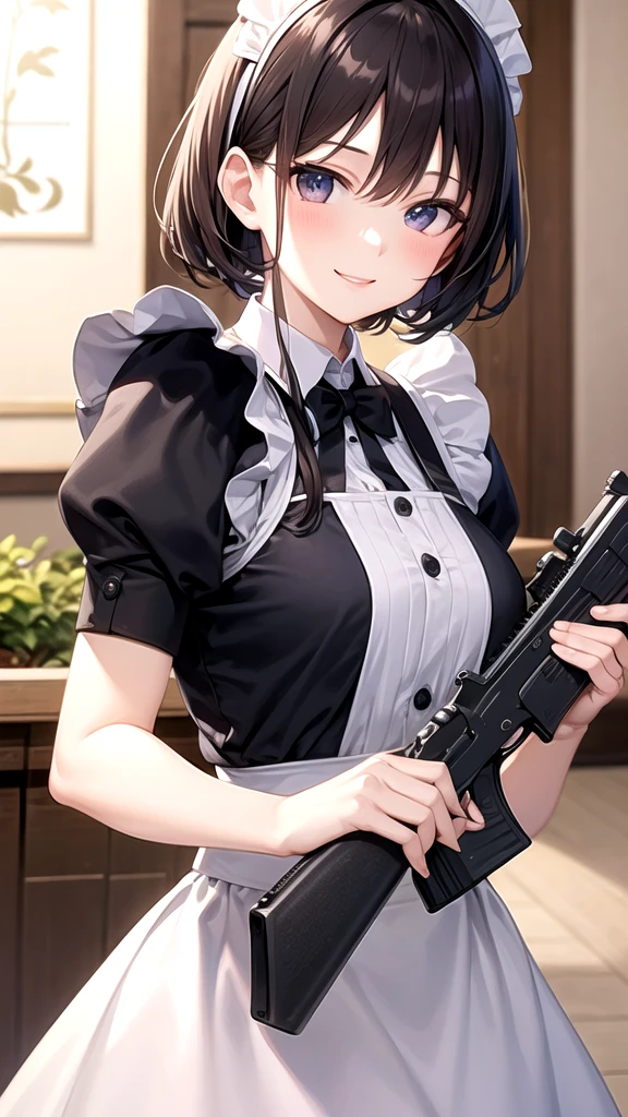 beautiful girl、Maid Cafe、Maid clothes、Upper body is shown、Dazzling smile、gun,