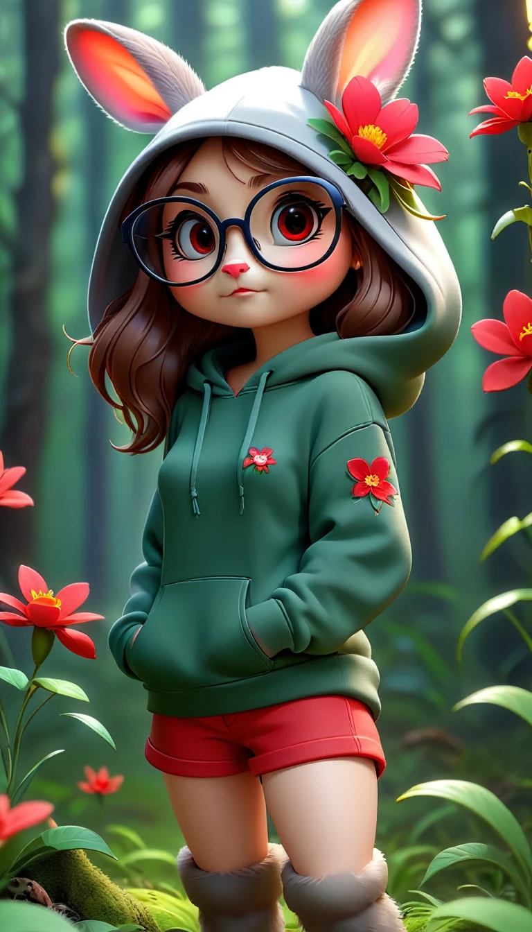 Cute rabbit，hairy，wearing a hoodie,Wearing cute glasses。It is female，Because there is a bright red flower on its head.。Stroll through the forest where various animals live.,, Disney and Pixar style, cute numbers, comic characters, 3D rendering, bright lights, bright colors,High level of image quality、for a great job