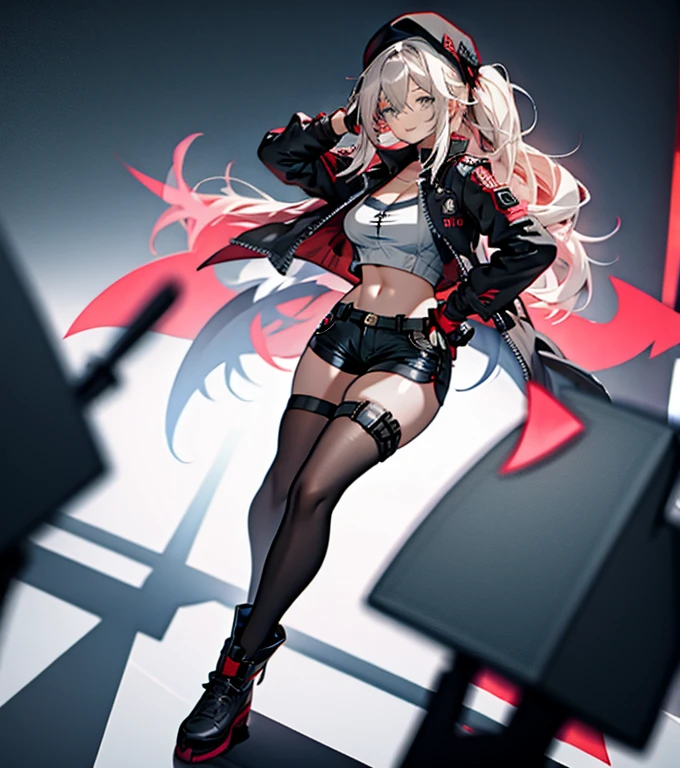 Best Quality, Ultra High Resolution, 1girl, sleeveless white button-down shirt, black skirt, black collar, cute, (Kpop idol), (aegyo sal:1), (platinum blonde: 1), (puffy eyes)), looks in front of the audience, full body, facing forward, full body fur, fluffy tail, smooth fur