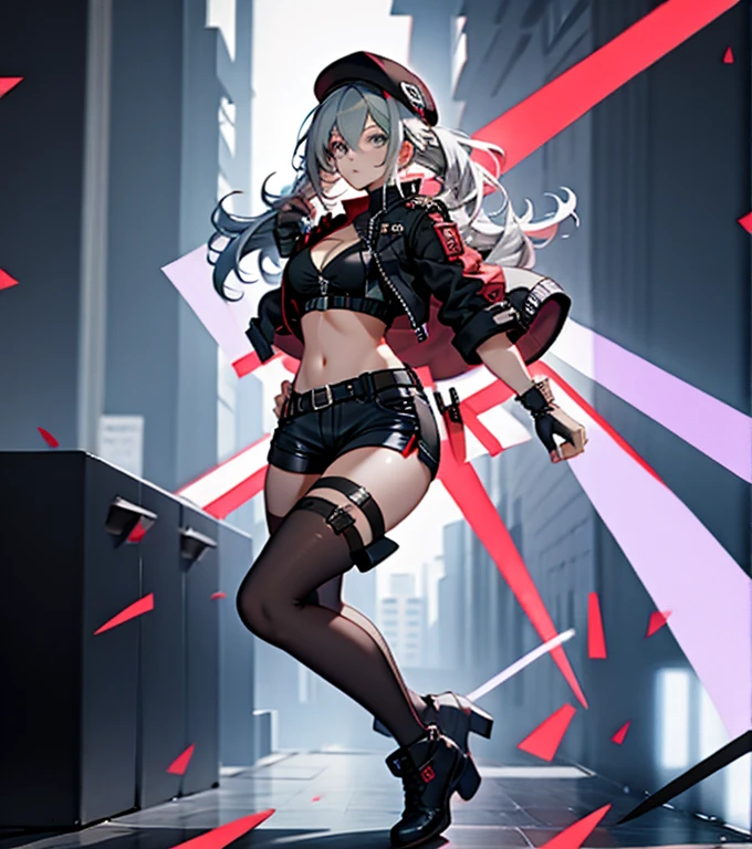 woman, curly red pixie cut hair, green eyes, wearing crop top black shirt, long black jacket, red plaid skirt, (black knee high boots), black fingerless gloves, exposed shoulders, large breasts, freckles, cleavage, abs, looking at viewer, masterpiece, best quality, Holo-Punk Style, singing on stage