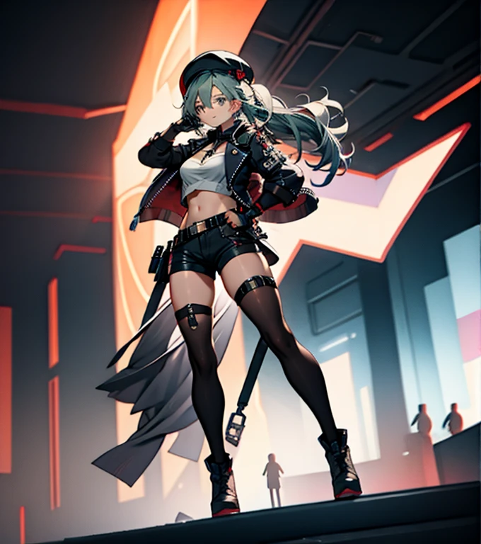 ubel,dark green hair,long hair,side ponytail,hair between eyes,bangs, BREAK (beret, black jacket, open clothes, cleavage, midriff, black shorts, black thighhighs, thigh strap, fingerless gloves, single glove:1.2) BREAK blurry background, BREAK pose, hand on hip, BREAK (masterpiece:1.2), best quality, high resolution, unity 8k wallpaper, (illustration:0.8), (beautiful detailed eyes:1.6), extremely detailed face, perfect lighting, extremely detailed CG, (perfect hands, perfect anatomy),
