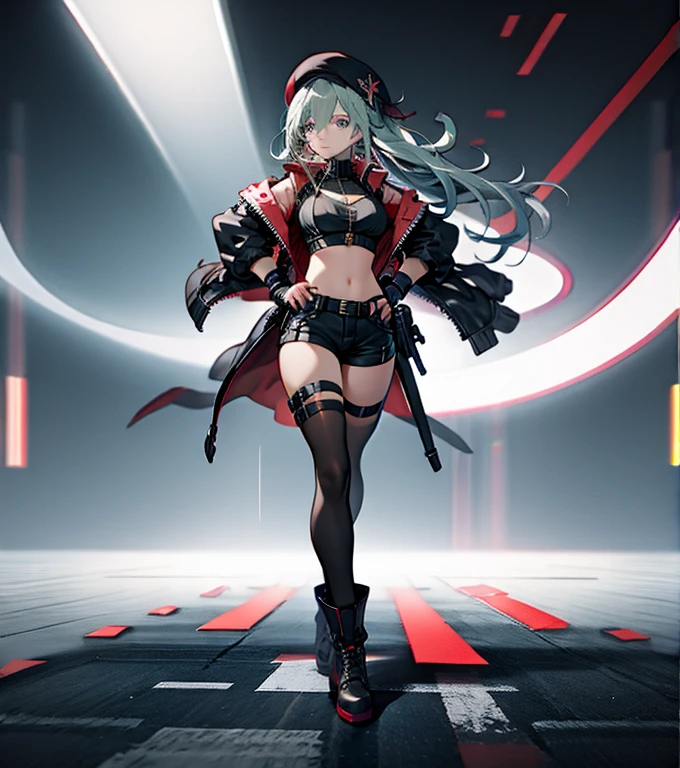 ubel,dark green hair,long hair,side ponytail,hair between eyes,bangs, BREAK (beret, black jacket, open clothes, cleavage, midriff, black shorts, black thighhighs, thigh strap, fingerless gloves, single glove:1.2) BREAK blurry background, BREAK pose, hand on hip, BREAK (masterpiece:1.2), best quality, high resolution, unity 8k wallpaper, (illustration:0.8), (beautiful detailed eyes:1.6), extremely detailed face, perfect lighting, extremely detailed CG, (perfect hands, perfect anatomy),