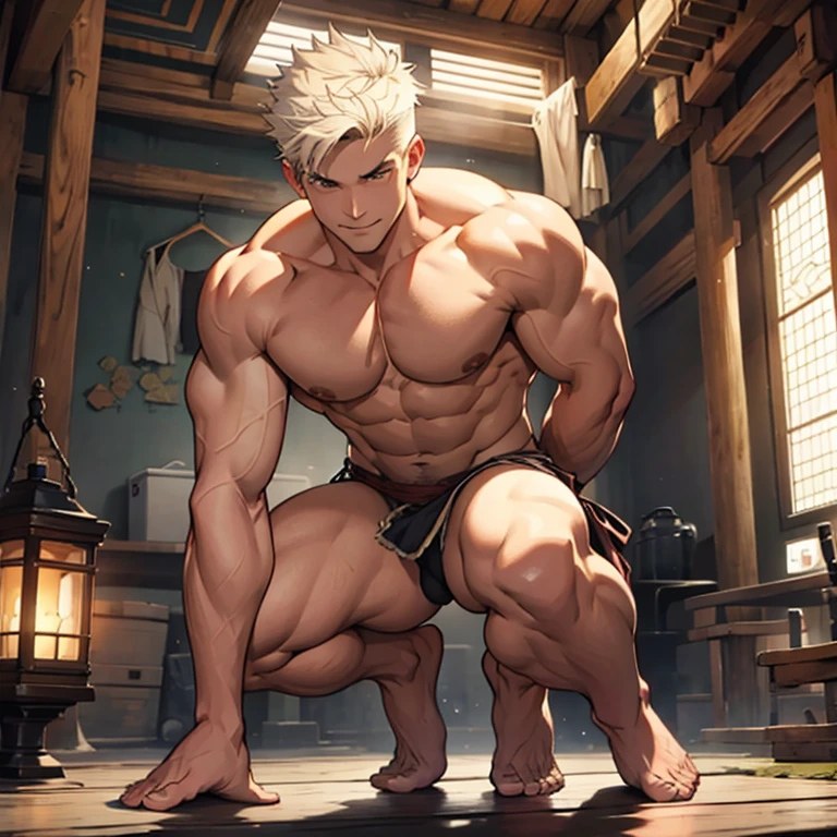 1 boy,20-year-old,good looking,muscle tissue,sexy and excited,KHD, master piece,8K,White loincloth only,naked,Topless,naked lower body,huge bulge,sexy pose,tremble,full body figure
