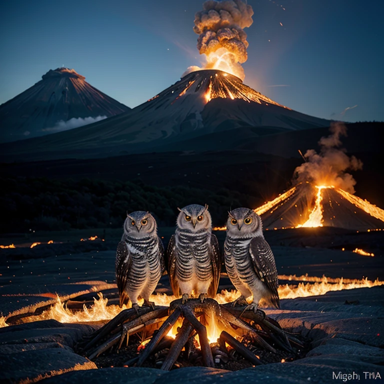 Generate the image of 5 owls with a volcano erupting in the background 