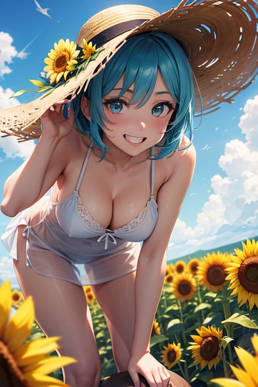 from front, fisheye lens, looking at viewer, breast focus, face, (bent_over:1.5), outstretched hand, large breasts, sagging breasts, cleavage, white chemise, wet, grin, (spoken heart:1.3), sunflower field, (depth of field:1.3), aqua hair, short hair, volumey messy hair, strong light coming in, lens flare, straw hat
