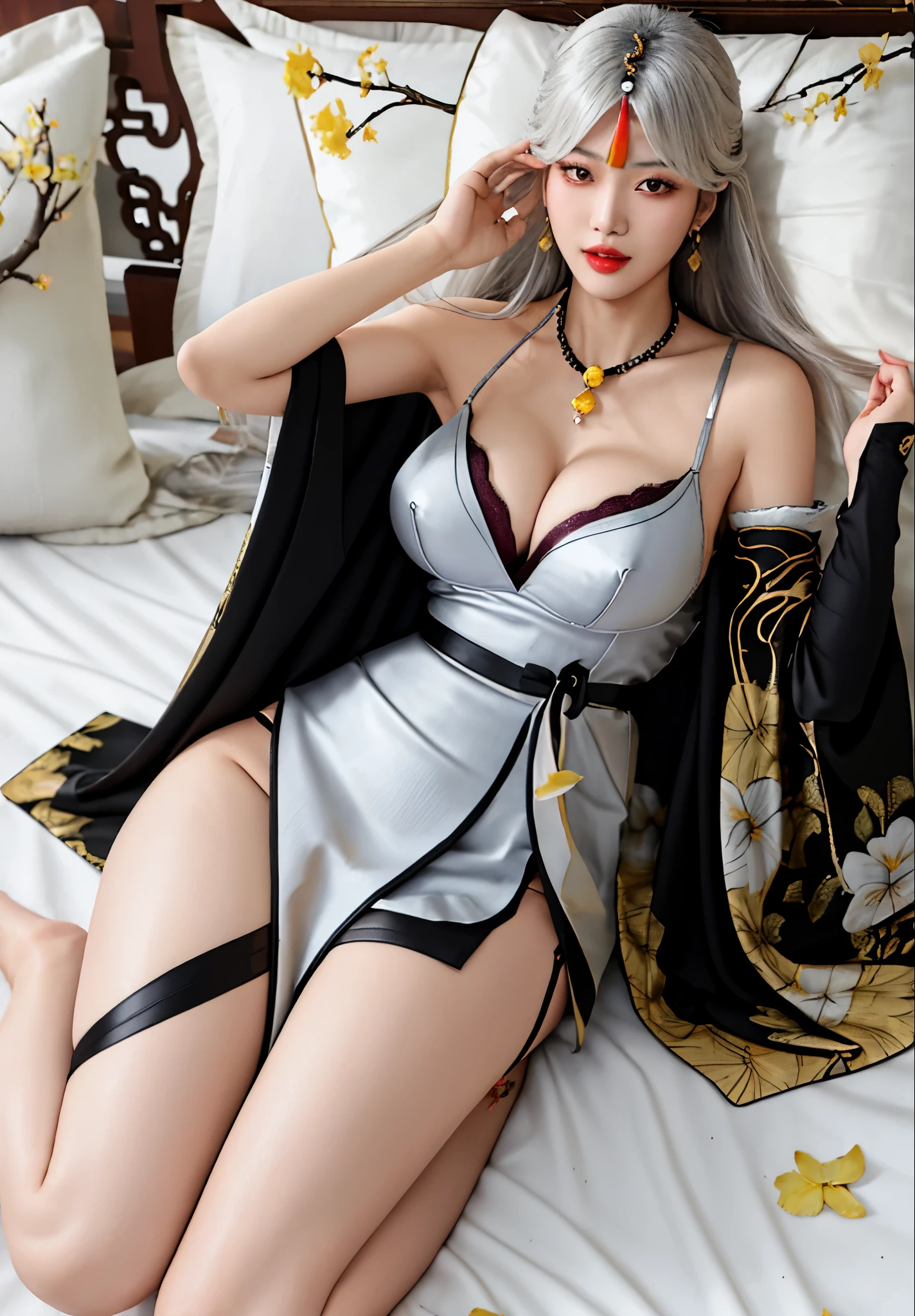 anime style, (masterpiece:1.35),(bestquality:1.4), 8k,ultra-detailed, photography, (ultra-realistic:1.4), film grain, Fujifilm XT3, female focus, mature female, (sexy Asian female:1.45), adult, looking at viewer, bare shoulders, blush, open mouth, fresh lips, detached sleeves, earrings, fingernails, hair between eyes, hair bangs, silver hair, very long hair, detailed realistic hair, symetrical hair ornament, japanese clothes, kimono clothes, detailed realistic clothes, jewelry, yellow gemstone, detailed jewelry, short dumbbell neck, neck garter, leather necklace, plump breasts, (breast cleavage)!!, super seductive temptation, open skirt, see through stockings, smooth thighs cleavage, garter thighs, armpit, erotic, nontraditional ningguang, yellow eyes, detailed eyes, (homochromatic eyes)!, cherry blossom, sidelocks, (Lying on bed)!!, ningguang \(genshin impact\), (correct anatomically)!!