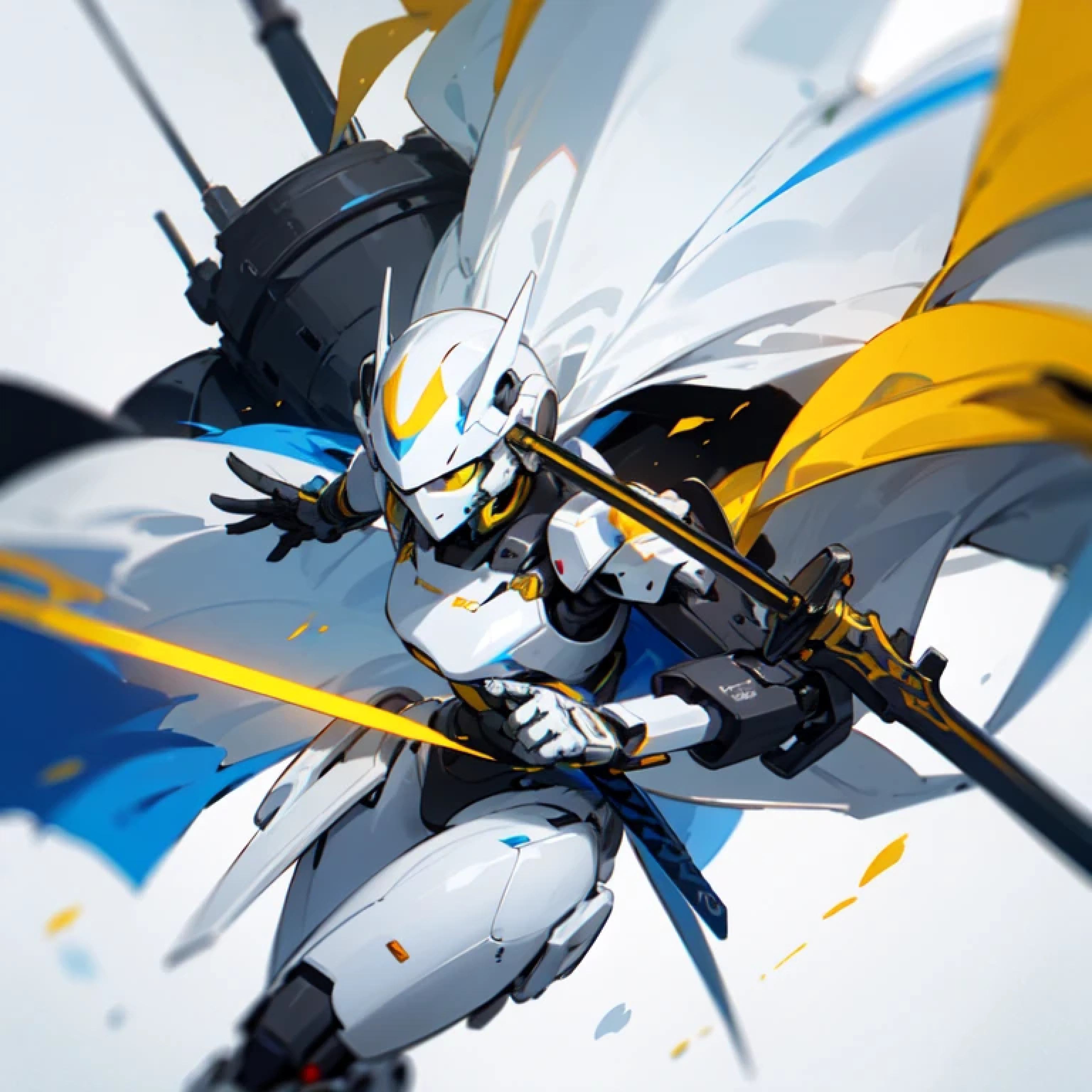 Create an original style robot design, with a white cape, holding a sword.
 he is a white and Black mech with details in yellow.