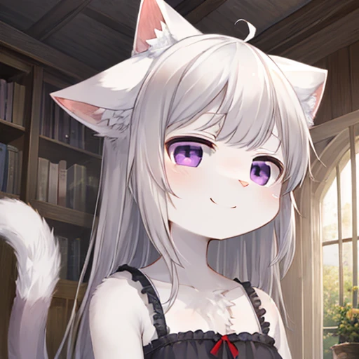 highest quality, highest quality, High quality illustrations, masterpiece, ultra high resolution, detailed background, doll, disorganized(Highly detailed beautiful face and eyes)perfect anatomy, kemono, furry person、dynamic angle,かわいいgirl、Cat ear、cat tail、girl、evildoer,、girl、young girl、smile、Chimera、gray hair、white hair、white hair、purple eyes、Purple eyes、