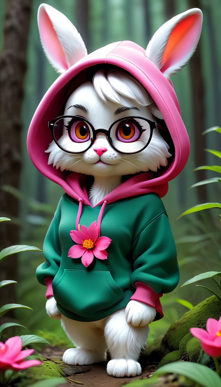 Cute rabbit，hairy，Wearing a pink hoodie,Wearing cute glasses。It is female，Because there is a bright red flower on its head.。Stroll through the forest where various animals live.,, Disney and Pixar style, cute numbers, comic characters, 3D rendering, bright lights, bright colors,High level of image quality、for a great job