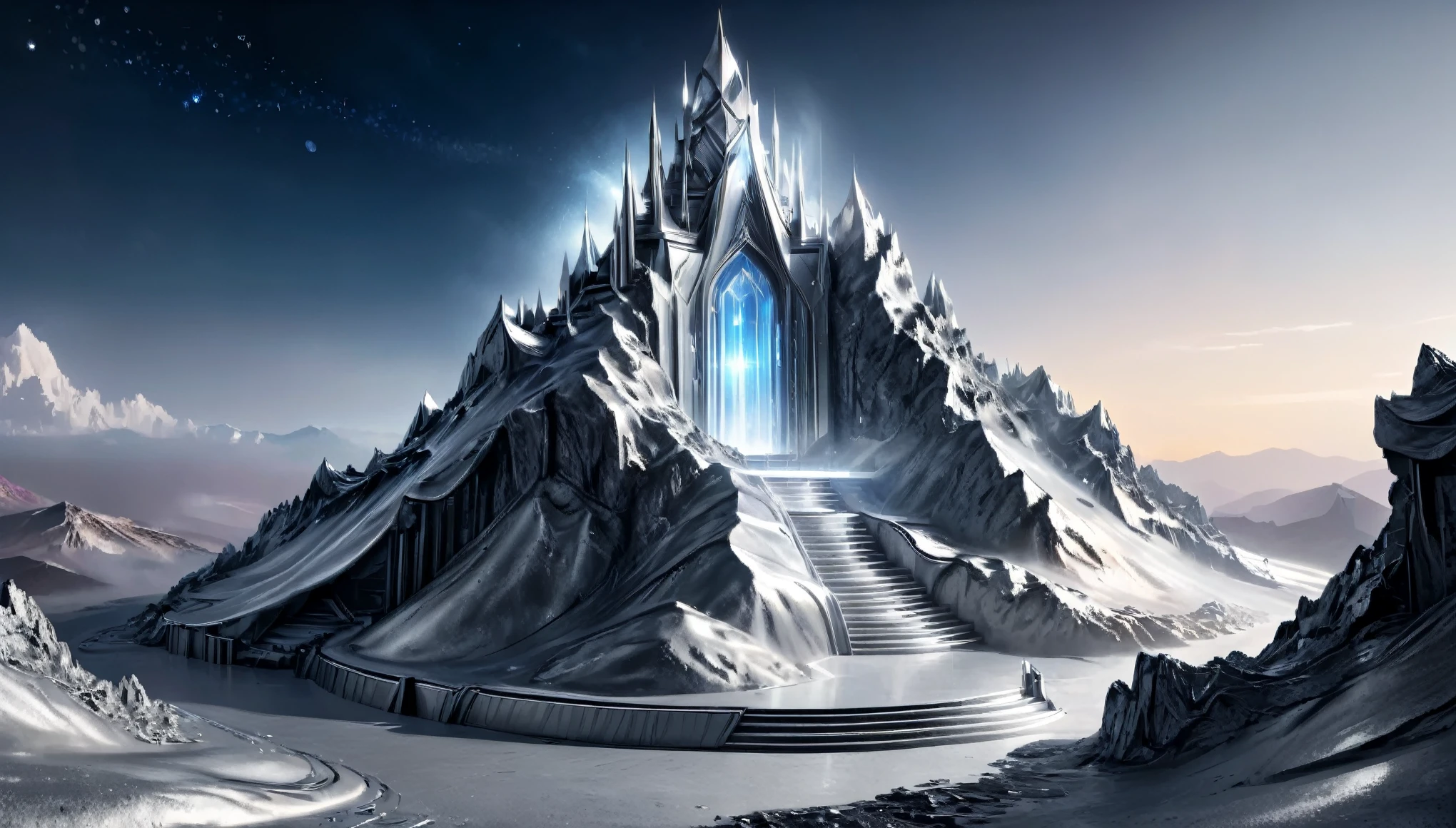 Masterpiece, best quality, 8k, open arena, silver mountain top, wide space, silver metal radiation, magical glow, ethereal magic.
