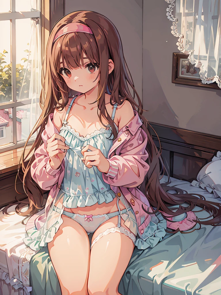 beautiful illustrations, highest quality, pretty girl, 1girl, Bedroom, pastel colour, (two-separated lingerie), reddish brown long hair, headband, cute lingerie, bright lighting