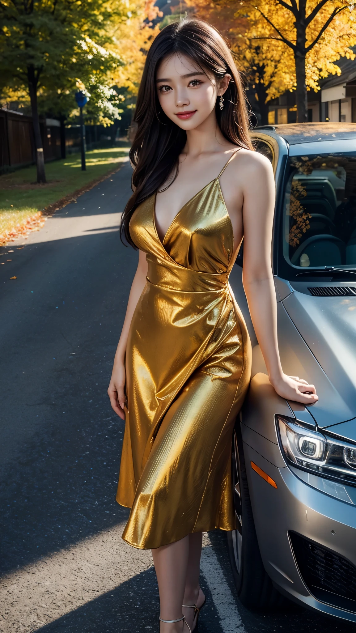 Master piece, CG Unity 8k walpaper, ((Realistic: 1.2))Ray Tracing, 64k, Beautiful 20 years girl, Asian realistic girl, Ultra Realistic, ultra HD, ((Autumn)), ((Road)), Vehicles, Solo, Yellow Frock, Falling Orenge colour leafs, many fallen leafs in ground, Beautiful smile, ((smile: 1.2)), Standing, Stylish look, sexy angles, realistic Skin, Perfect young body, Young figure , detailed background, Detailed skin, detailed dress, Long Black hair, cinematic lighting, cinematic Photography, High resolution Dress Quality, High resolution picture quality,