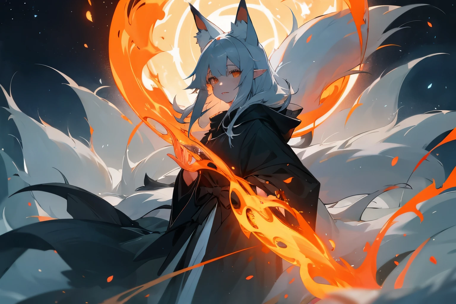 girl,Sea of stars,Princess,Net,nine tailed fox,Nine fox tails,Fox Spirit,fox ears,elf ears,gray cloak,Black Scythe,The greedy white skin that cries,Fire Song,poster,,Tyndall effect,amazing,Magic Starry Sky