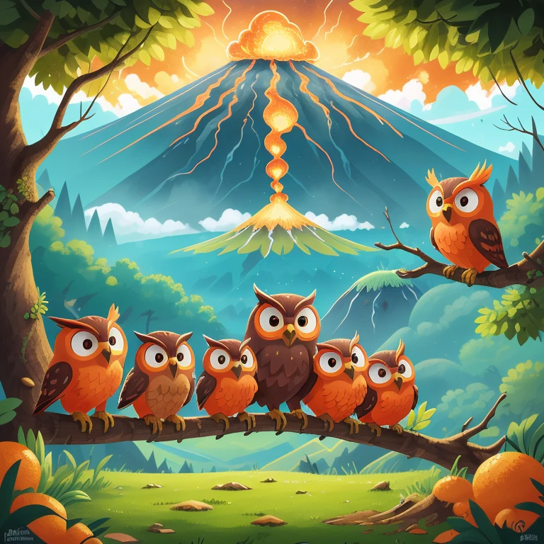 An enchanting scene unfolds as five whimsical cartoon owls perch on a branch, their vibrant feathers contrasting against the backdrop of a mighty erupting volcano. The eruption paints the sky in hues of fiery red and orange, casting an eerie glow upon the owls' wide-eyed expressions. Each owl is rendered with meticulous detail, showcasing their unique personalities and comical expressions. The volcano, with its billowing plumes of smoke and molten lava cascading down its slopes, creates a dramatic and awe-inspiring setting. This captivating artwork, created by a masterful artist, captures the perfect balance between playful charm and the raw power of nature. A true masterpiece, this high-quality, award-winning digital painting is sure to leave viewers captivated by its