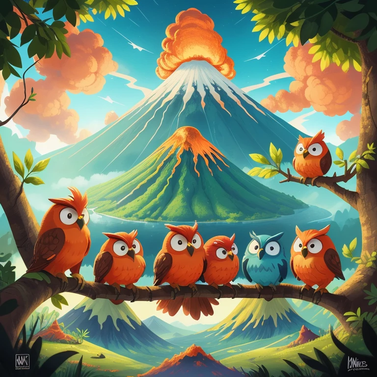 An enchanting scene unfolds as five whimsical cartoon owls perch on a branch, their vibrant feathers contrasting against the backdrop of a mighty erupting volcano. The eruption paints the sky in hues of fiery red and orange, casting an eerie glow upon the owls' wide-eyed expressions. Each owl is rendered with meticulous detail, showcasing their unique personalities and comical expressions. The volcano, with its billowing plumes of smoke and molten lava cascading down its slopes, creates a dramatic and awe-inspiring setting. This captivating artwork, created by a masterful artist, captures the perfect balance between playful charm and the raw power of nature. A true masterpiece, this high-quality, award-winning digital painting is sure to leave viewers captivated by its