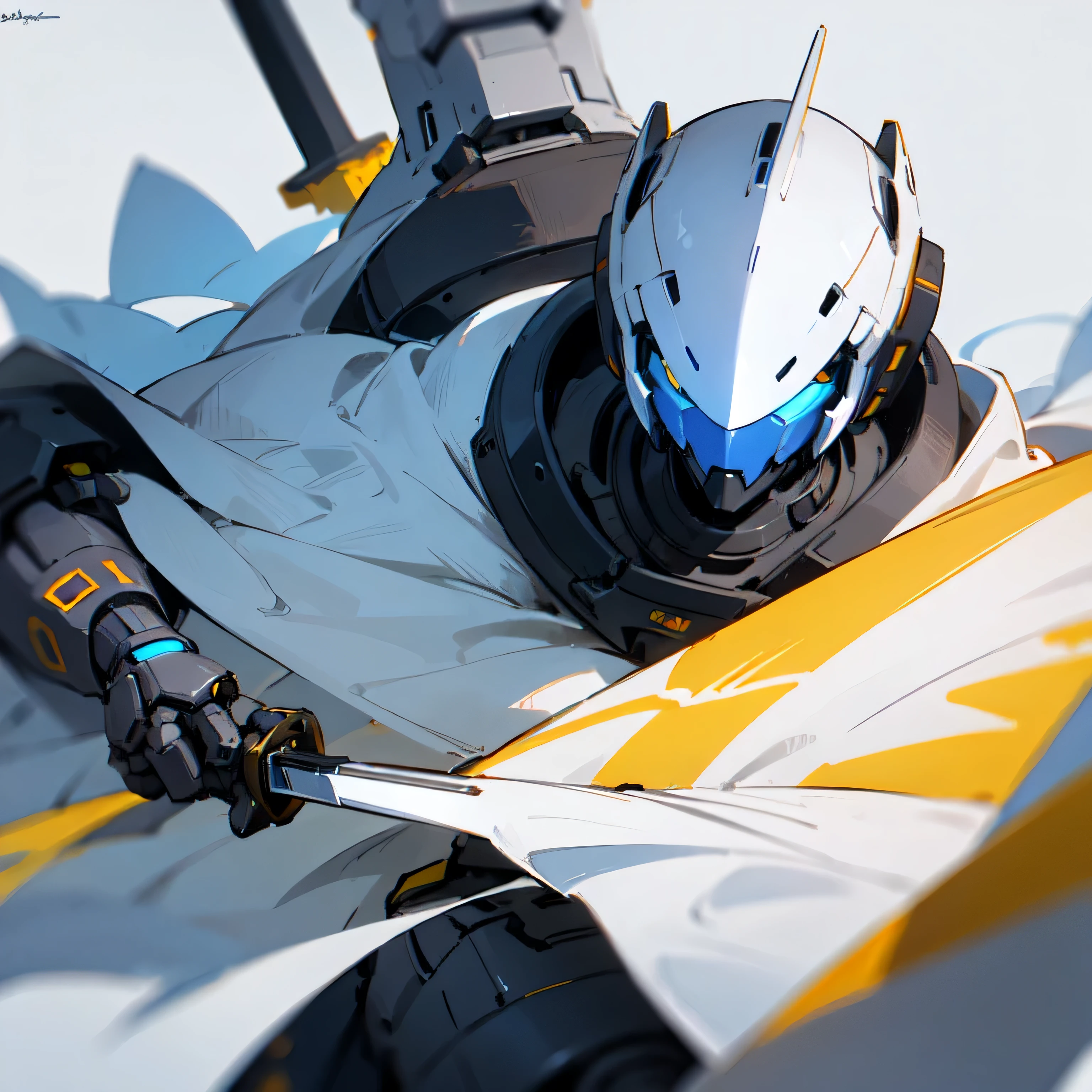 Create an original style robot design, with a white cape, holding a sword.
 he is a white and Black mech with details in yellow.