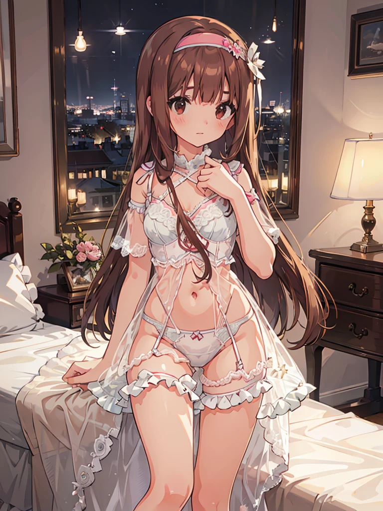 beautiful illustrations, highest quality, pretty girl, 1girl, Bedroom, pastel colour, (two-separated lingerie), reddish brown long hair, headband, cute lingerie, bright lighting